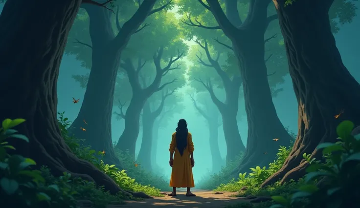 Picture  Mahatma Devesh sent a disciple, Arjun, to this forest.**
    - Visualize the sage instructing Arjun, who sets off bravely into the dark and mysterious forest.
Cinematic cartoon 3d style 