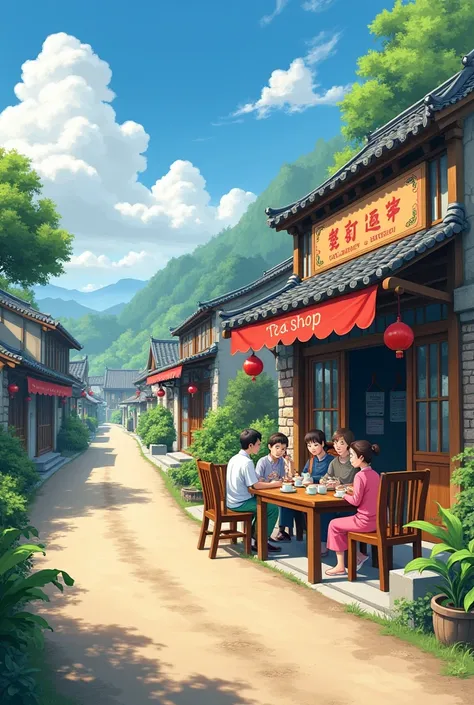 A village road has a small tea tong shop next to it, 5 people are sitting there drinking tea