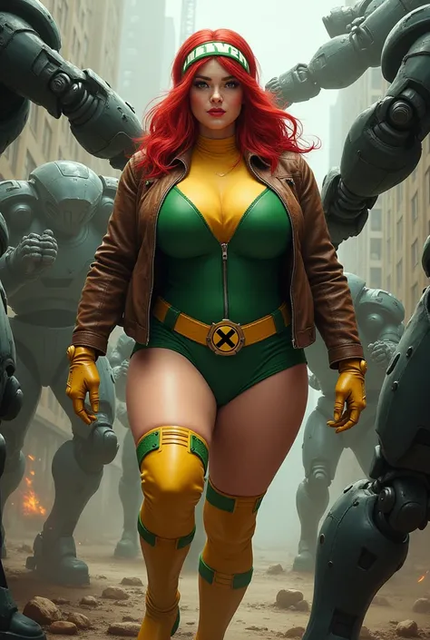 Submissive aroused ntr rogue xmen plus size wearing green short skirt brown leather jacket yellow thigh high boots with green straps on to of thigh yellow leather gloves red hair and white on top of hair Caucasian brown belt with red xmen svmbol vellow tur...