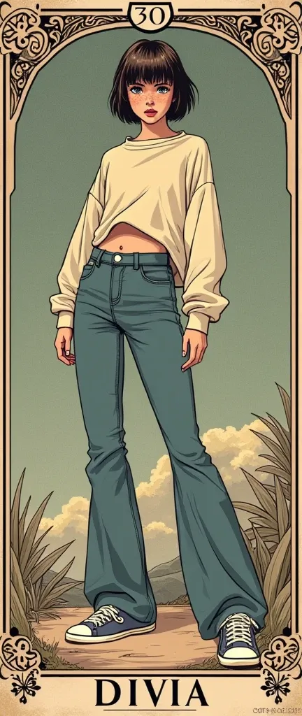 masterpiece, tarot aesthetics, tarot vintage line-art aesthetics, chase victim, teenage seductive diva, oversize sweatshirt,high-waisted flared jeans, sneakers,, caught in peril, languid posing, vintage, sexy curious, vintage line-art aesthetics, short hai...