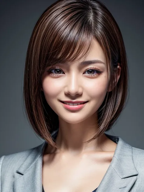 masterpiece, best quality, 8k, super detail, textured skin, detailed beautiful eyes, (super detailed skin), 1 person, Beautiful Japanese Woman, 30 years old, Wear a business suit, brown hair, straight bob hair, thin hair, Narrow eyes:1.5, (smile:1.3), (Til...