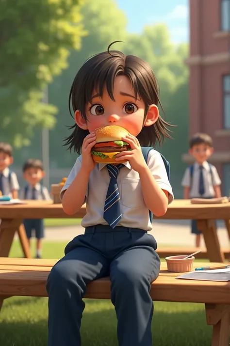 A school child with uniform eating burger
