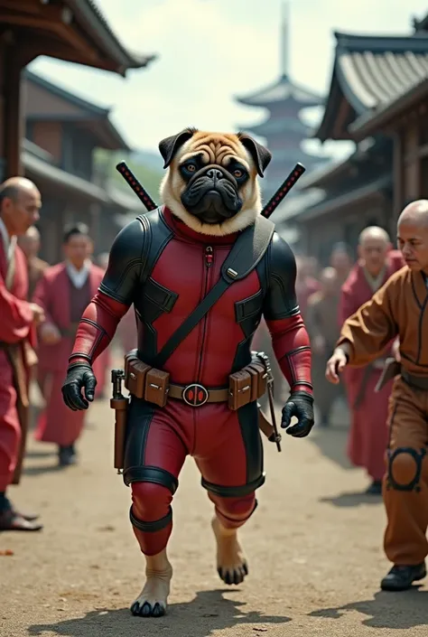  dog mix between pug and Chinese crusted  in deafpool costume fighting villagers in Japanese setting