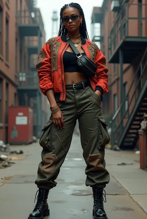 A curvaceous Black woman in a figure-hugging, cropped bomber jacket with intricate embroidery and quilted details, paired with high-waisted, fitted cargo pants that feature multiple pockets and zipper accents. She completes the look with combat boots, a cr...