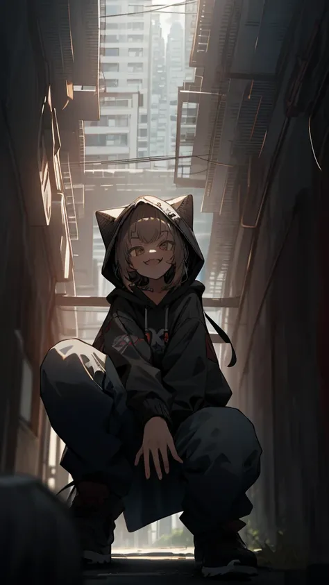 masterpiece, best quality, ultra-detailed, high quality shadow, beautiful detailed, illustration, cinematic composition, depth of field, highres, 1girl, cute girl, hoodie, jacket, squat, smile face, small fangs, solo, city, building, close to viewer, close...