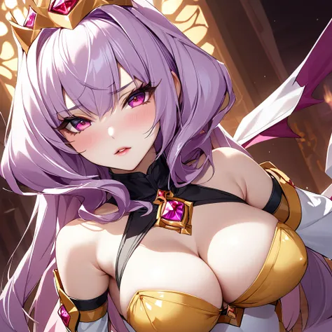 ((Highest quality)), ((masterpiece)), (detailed), （Perfect Face）、The woman is Extia Magica, has light purple hair, and is not human but a succubus.、The woman turns to evil and is reincarnated as a seductive and erotic succubus, becoming the evil queen who ...