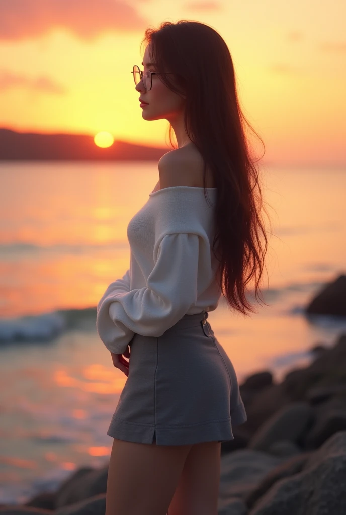 Girl wearing glasses, well-proportioned figure (55kg), long hair, wearing a long-sleeved, off-the-shoulder white sweater, gray short skirt, standing on the dyke, close to the sea, facing away in the sunset
