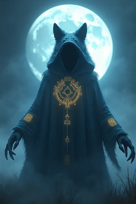 Fluffy queen wolf. Surreal landscape with a lunar glow, featuring a hooded silhouette with faceless features. The silhouette is enhanced with glowing glyphs and symbols, emphasized by the characters large hood and long claws