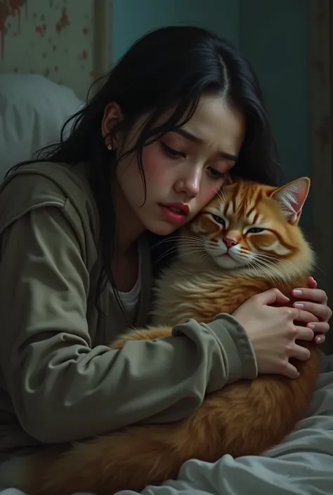 person, a sad women who is hugging a cat to find comfort in his cat