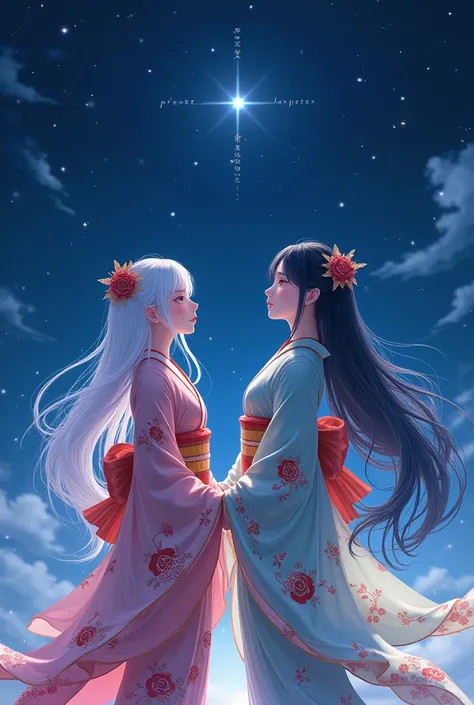 8K resolution, high image quality, high quality, real, Tanabata Orihime, female, 2, bright kimono, long hair, crystal clear white skin, making a wish to the stars, beauty once in 100 years