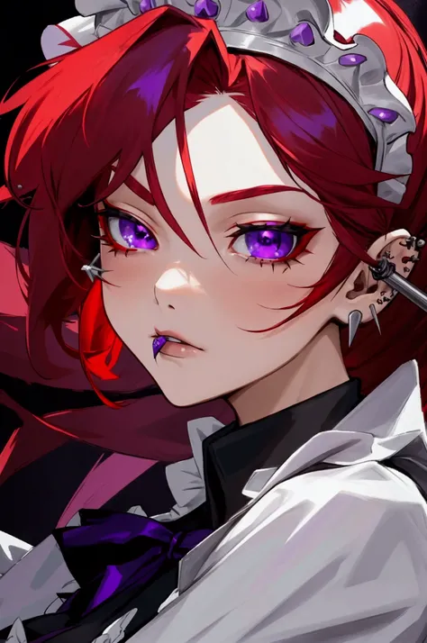 Android. Silver Maid Uniform. Maid Headdress. Red hair, purple eyes. Face and Ear piercings. She fights with a Poleaxe. 