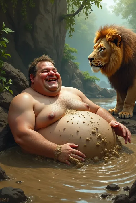 fat guy bathing in mud with a lion watching