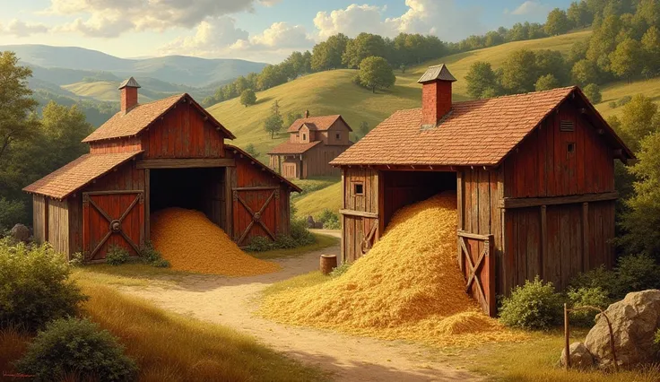 Create an image of barns full of grain and presses overflowing with wine, symbolizing abundance
