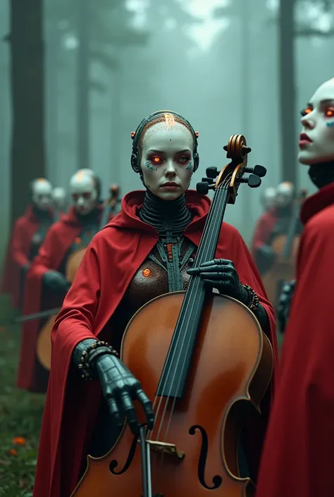 Cyborg wemen orchestra playing violencelle and all of them wearing red cape covering their orange metallic head and faces it has to be covered 

,vivid cinematic4k colors in a foggy forrest, the wemen should look like faminine
a cyborg woman orchestra play...