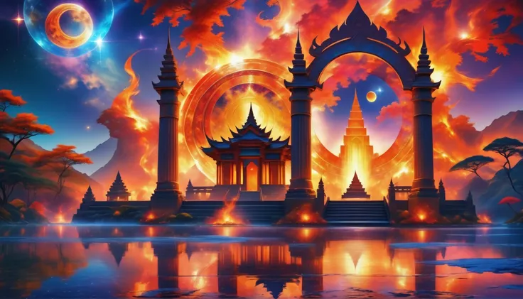 fantasy art, an epic ancient temple of god of moon and stars, with towers, holy symbols, glass artwork, pillars of fire, stream of water, sense of awe, admiration, diviinty, symmetric design