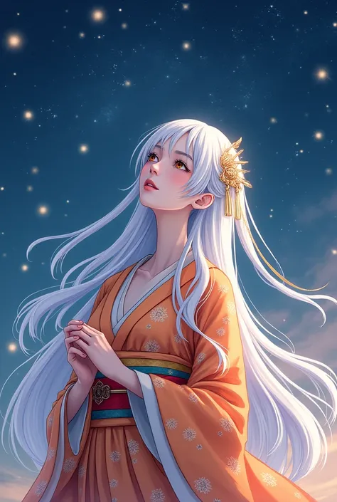 8K resolution, high image quality, high quality, real, Tanabata Orihime, female, 2, bright kimono, long hair, crystal clear white skin, hands folded in front of the chest, making a wish to the stars, one woman, beauty once every 100 years