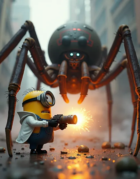 Image of Minion Kevin wearing a scientist suit holding an energy cannon to shoot down a giant spider. Scene of panic and smoke 