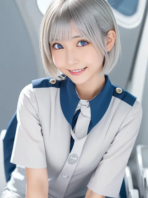 Browsing Caution,Correct human anatomy,Young and beautiful Japanese girl with platinum silver short hair,Showed her vagina,big, clear eyes,Droopy eyes,A balanced perspective,And a kind smile,(Wearing detailed flight attendant uniform:1.25),Highly detailed ...