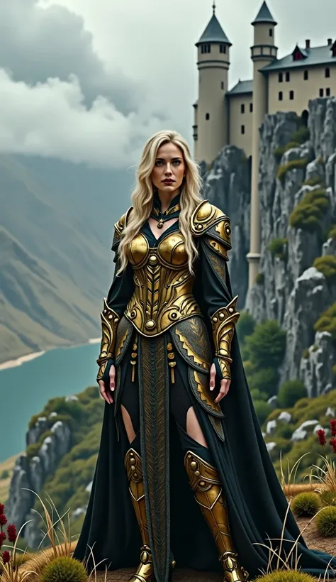 The image depicts a woman standing against a dramatic backdrop of a castle perched on a cliff overlooking a misty valley. Dressed in gold patterned armor, she evokes a medieval or fantasy setting. With her hands on her hips, she is confident and regal. The...