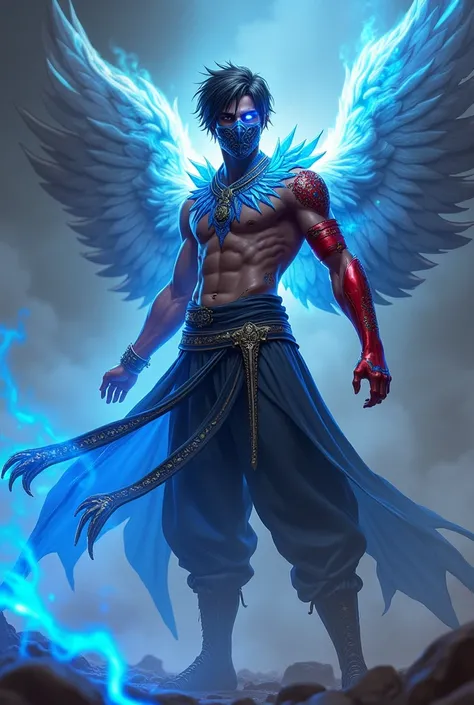 Freefire character red right arm and angelic pants blue smoke coming out of eyes and mask head black hair male 