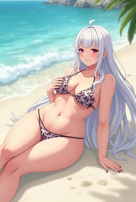 Beauty beach busty anime girl white P-cup white-haired beauty without nail polish lying on her hands and putting her hands on her chest in bikini full body fat butt