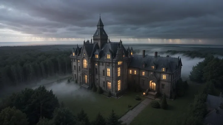 An aerial view of Blackthorn Prison, an imposing Gothic structure deep within a dense, fog-covered forest in Vermont, year 1894. The prison is surrounded by tall trees with bare branches, under a dark, overcast sky. The building has tall towers, narrow sli...