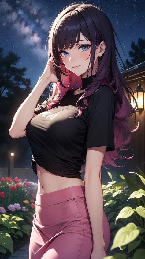 ((((masterpiece, best quality, high detail)))), beautiful woman, bright blue eyes, shy, full-face blush, seductive smile, smirk, smug, solo focus, (large breasts), long wavy hair, (purple hair), hairpin, ((pink t-shirt)), (black maxi pencil skirt), ((long ...