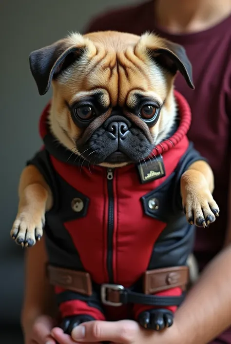  dog mix between pug and Chinese crusted  in deadpool costume hugged by  who is its owner