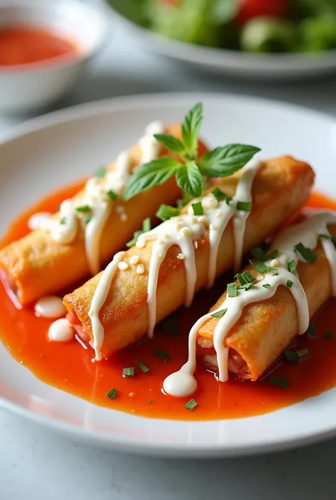 Fried spring rolls with mayonnaise and tomato sauce on top