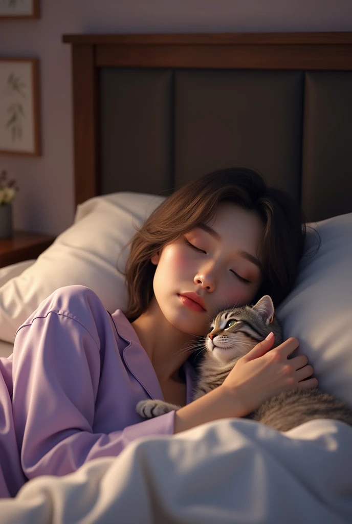 (photorealism:1.2), beautiful girl, short hair, lying on his bed, wearing purple pajama has a cat beside her and she is hugging one more cat, finding a comfort in his cat