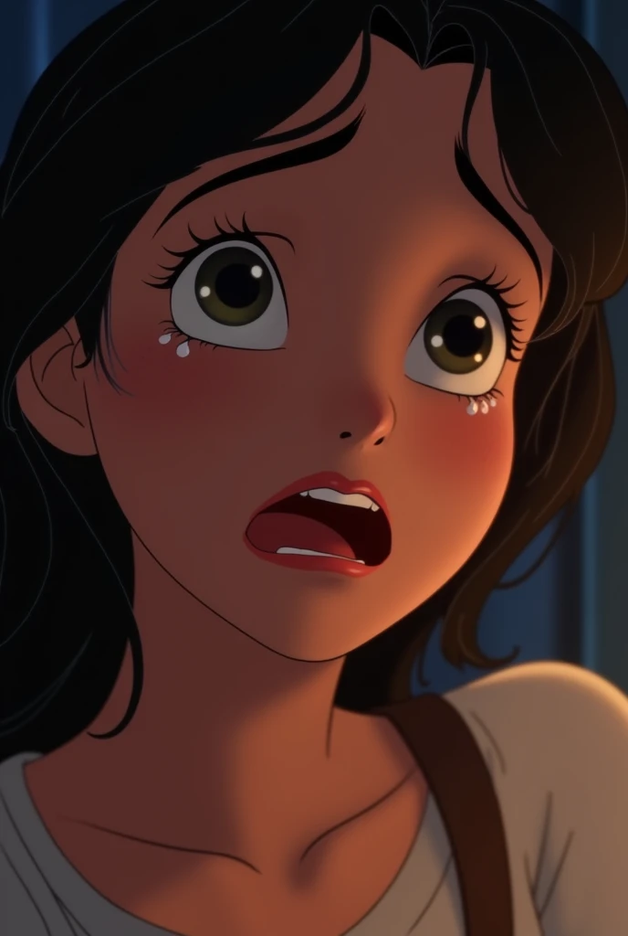 A close-up of the main character’s face, showing tears welling up in his eyes and his mouth slightly open in shock. Disney style cinema