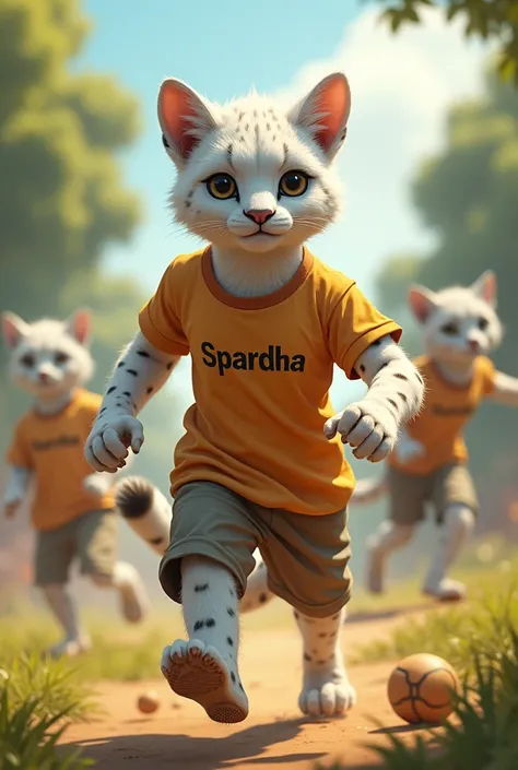 A  white cheeta with spardha written on tshirt  and written on pants playing  outdoor games  
