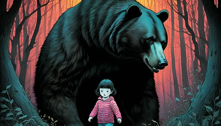 An illustration、art、Horror, Supervised by Junji Ito、Attention to detail, Realistic shadows、Analog Style, chromatic aberration, Surrealism、Bear parent and child