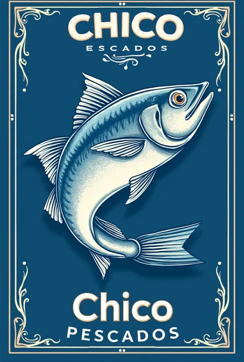 I need an image of a label for a fishmonger&#39;s, The logo is a fish and the name is Chico Pescados, the label will use the colors blue, silver and white, with space to put nutritional information