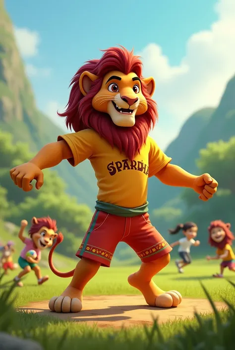 Musafa lion king with spardha written on tshirt  and written on pants playing  outdoor games  
