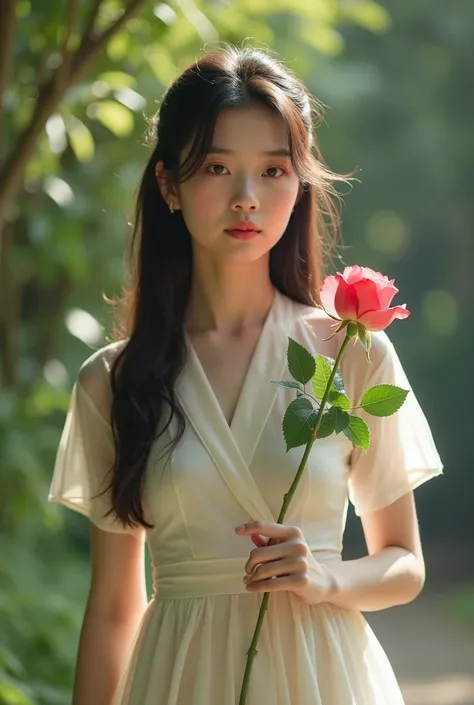 A very beautiful girl 
A short video of a girl with a straight nose and round eyes walking while holding a rose