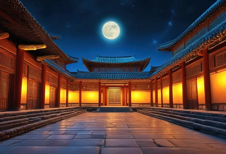 Ancient Architecture, night, outdoor, by Russell Dongjun Lu, 500 year ago, 35mm wide angle, (best quality, masterpiece, photorealistic), very aesthetic, perfect composition, intricate details, ultra-detailed, vivid colors