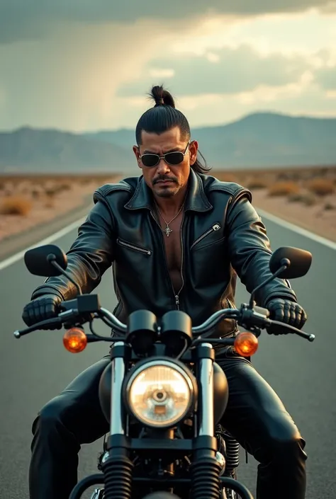 A Japanese man with sunglasses and yakuza hair sitting on a motorcycle in biker clothing, leather jacket and leather pants, on a Harley Davis motorcycle facing forward on a highway in the desert on a cinematic day