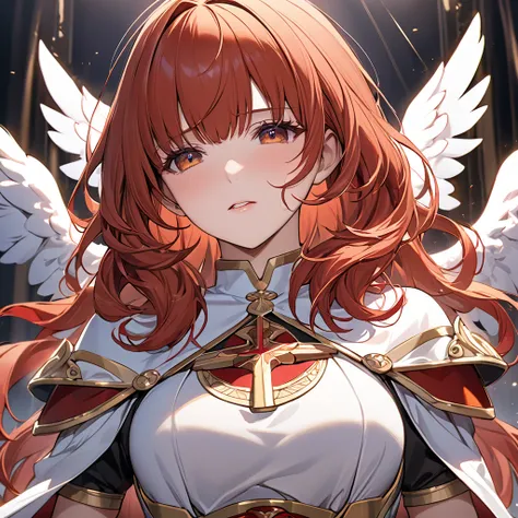 ((highest quality)), ((masterpiece)), (detailed), （perfect face）the woman is a celica with red hair.、the woman is blessed by god...