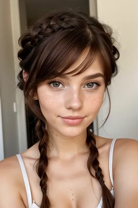 Beautiful 20 year old european  woman with dark auburn hair, bangs, short hair, braided updo, freckles, dimples: 1.3, blushing, 