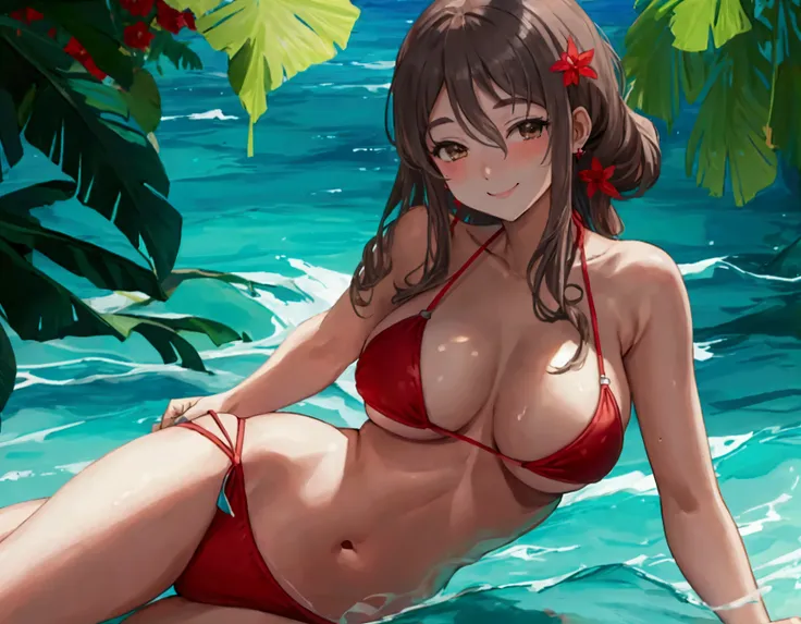 Highest quality　masterpiece　High resolution　1 person　Fleet Collection_Paula　(Red Bikini), (Thighs),Tight waist　Dazzling Smile　(Intoxication)　Night Pool