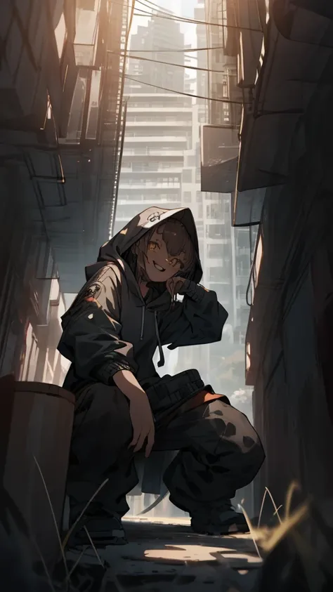 masterpiece, best quality, ultra-detailed, high quality shadow, beautiful detailed, illustration, cinematic composition, depth of field, highres, 1girl, cute girl, hoodie, jacket, squat, smile face, small fangs, solo, city, building, close to viewer, from ...