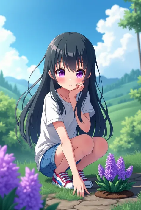 A girl, with long black hair, with heterochromia in the eyes, one purple and one pink, with a purple gardener and some sneakers. anime style