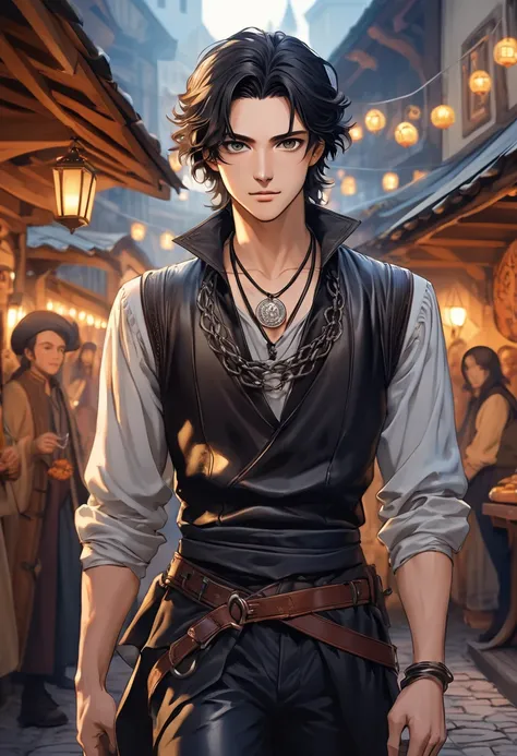 masterpiece, safe, best quality, expressive eyes, perfect face a young anime man in renaissance, historical, fantasy with black hair that was neatly combed back, black eyes. standing in a festival town at night time with a calm expression. He wore his tuni...