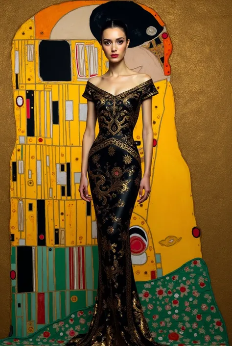 A similar picture to Adele Bloch-Bauer 1 by Gustav klimt whole body picture with my face more body-hugging different dress 