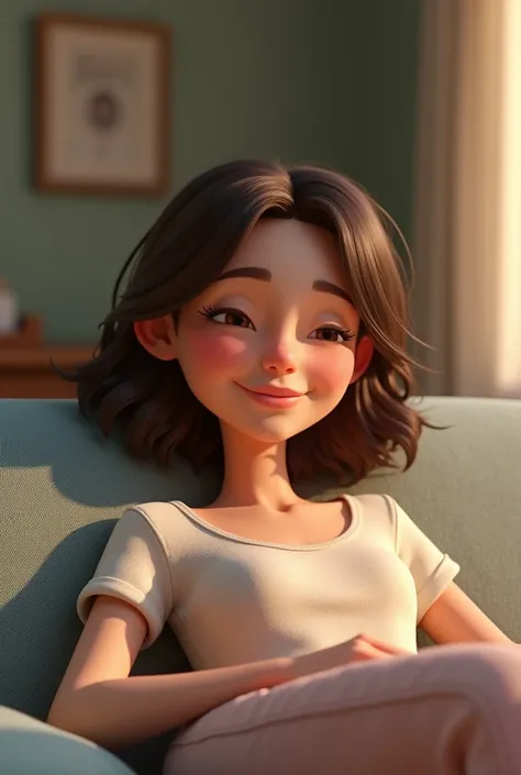 Similar to Pixar and Disney style animation、Create 3D rendered characters with a relaxing and cozy vibe。Characters、Should be a young adult woman with messy brown hair reclining on a soft gray sofa。She has a warm, confident smile and slightly sleepy eyes。Th...