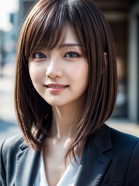 best quality, super detail, super detail, detailed beautiful eyes, textured skin, 8k, 1 person, Beautiful Japanese Woman, Wear a business suit, brown hair, straight bob hair, thin hair, Narrow eyes:1.5, (smile:1.3), (Tilt your head), profile:1.3, upper hal...