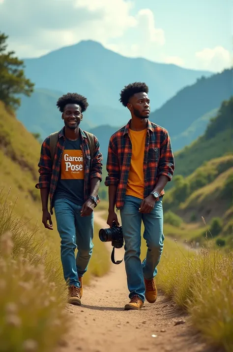 A 2 African guy with his hair nicely cut in afro city hairstyle, holding a big Camera and walking up hills in mountains, with a flannel inside which is a t-shirt printed GARÇON POSÉ on