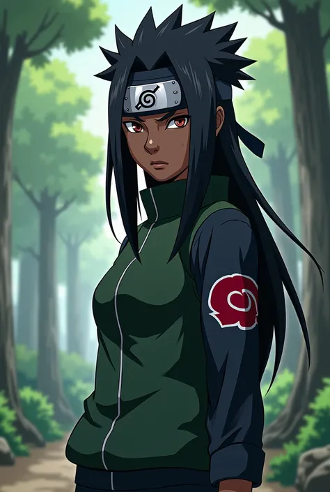 Generate me a black skin anime character with a konoha headband from the naruto universe