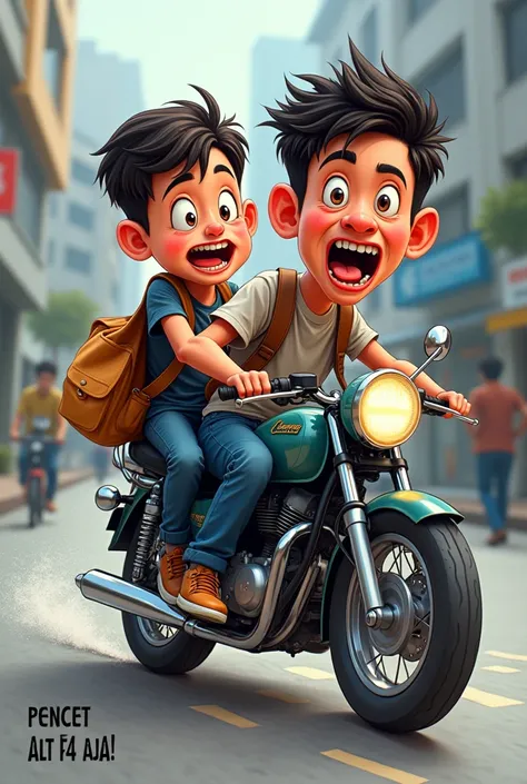 Cartoon caricature sketch indonesian teenager driving motorcycle with strange face, sticking his tongue and crossed eyes, with bag, riding with his crazy friend, city road background, put word "Pencet alt F4 Aja!" In the middle bottom